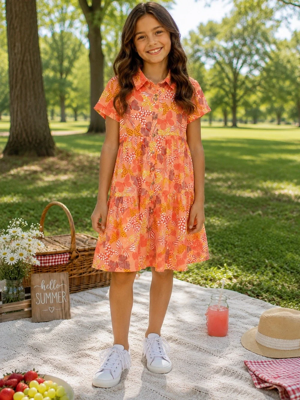 Vince Camuto Girls' Coral Floral Button-Front Summer Dress Size 10
